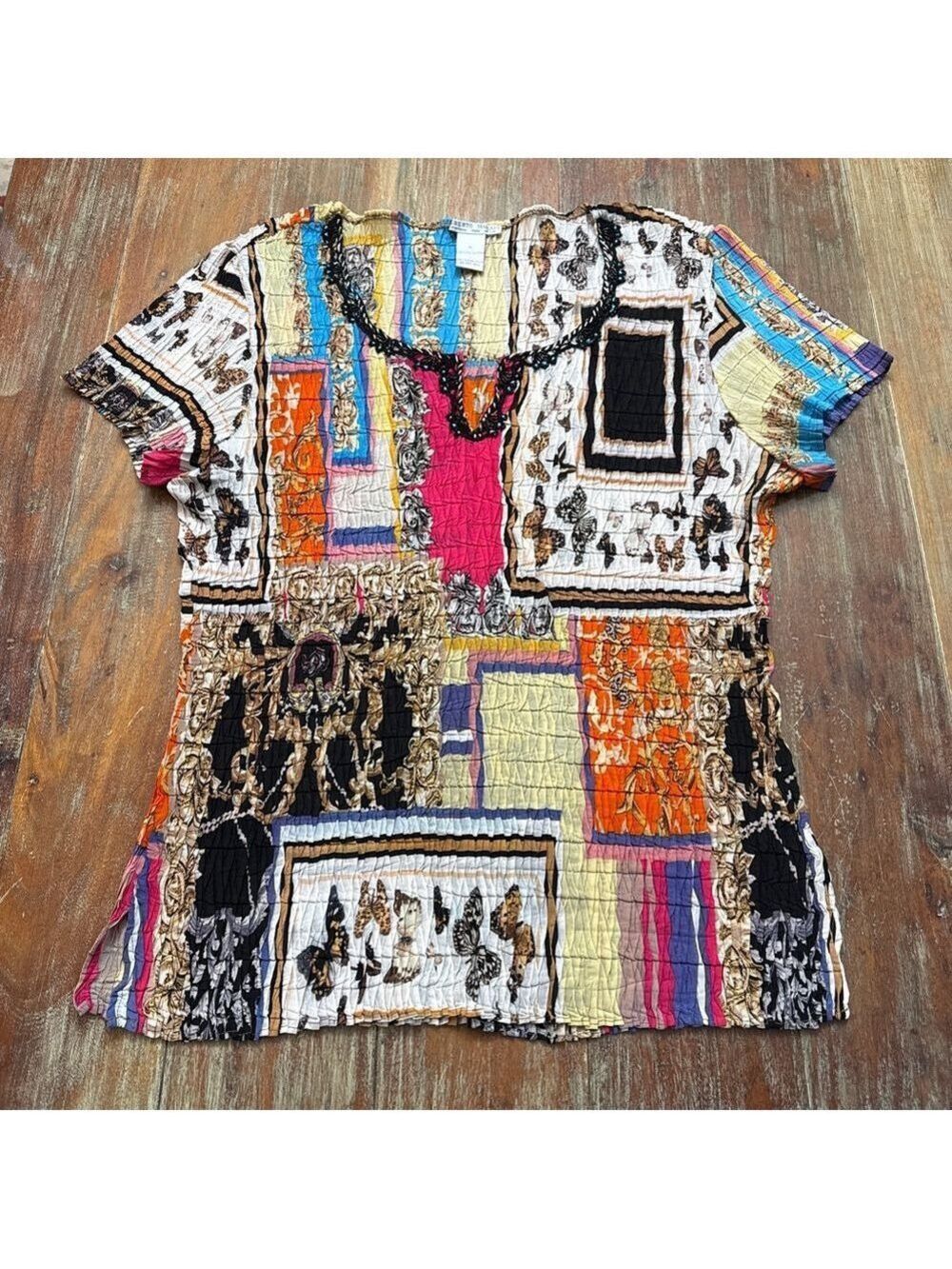 Vintage Alberto Makali Butterfly Baroque Smocked Beaded Top XL Art to Wear